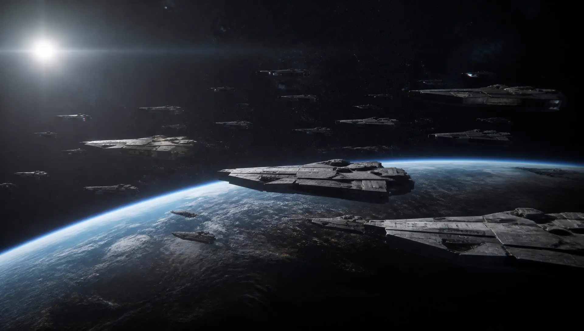 An Astraeus Group fleet in formation above a planet